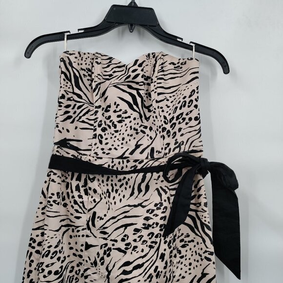 H&M Strapless Sweetheart Cheetah Tie Waist Cocktail Mini Dress 8 Women Cream - Picture 2 of 10